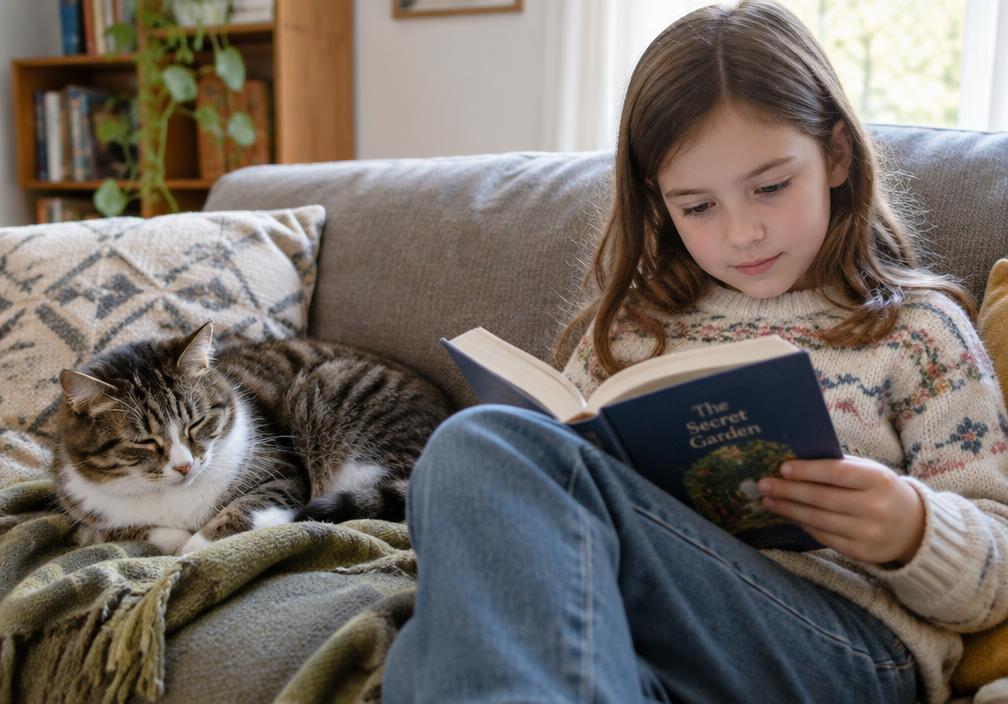 Gato descansando en casa junto a una niña
