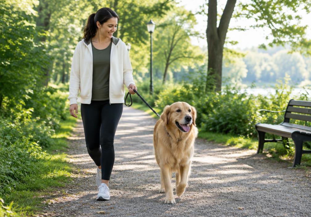 Persona paseando a su perro en un parque